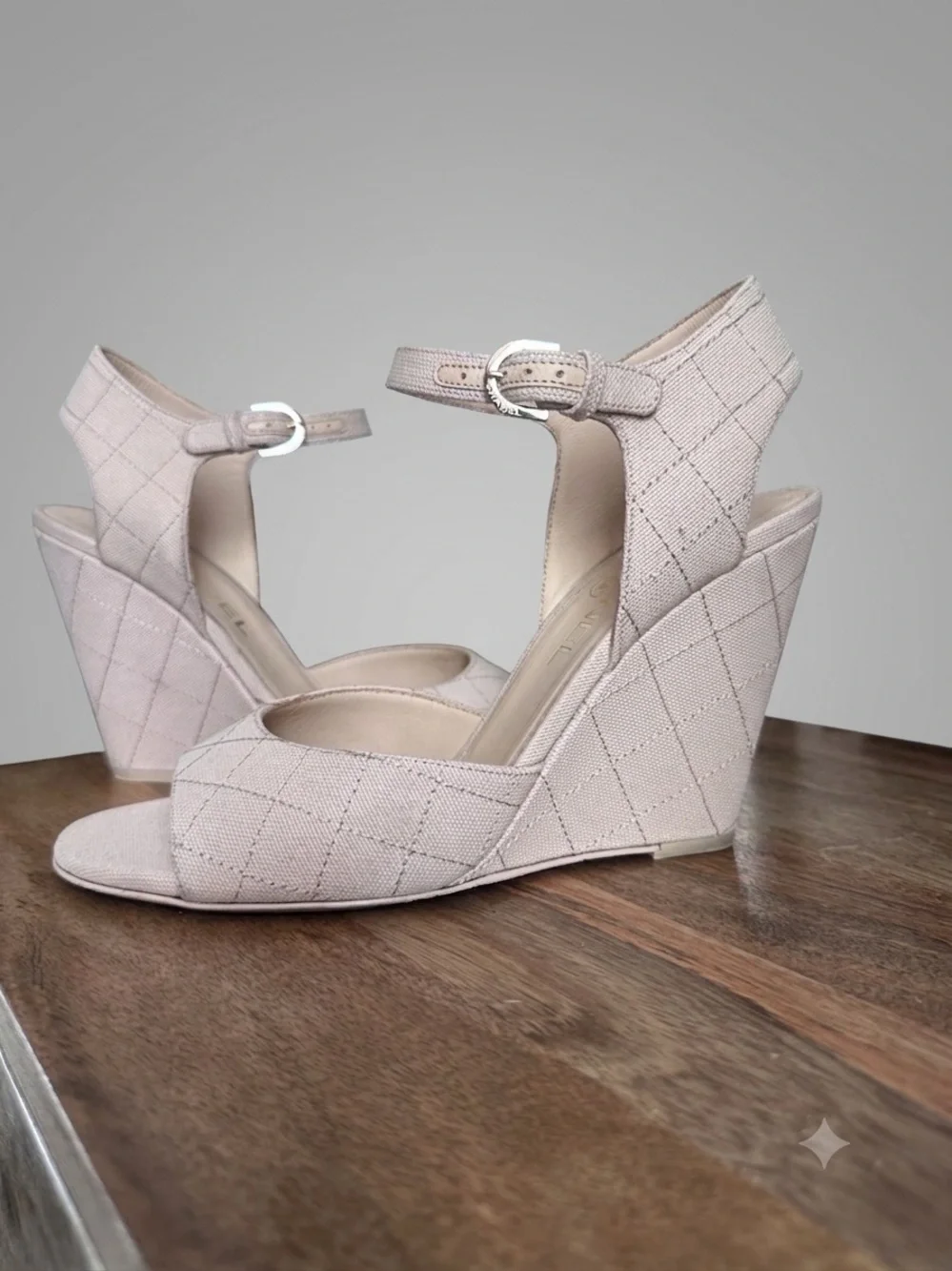 CHANEL Light Beige Quilted Ankle-Strap Wedge Sandals